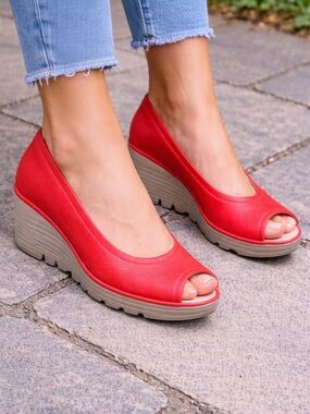 FLY London Red Peep Toe Wedge Shoes | Leather Platform | EU 37